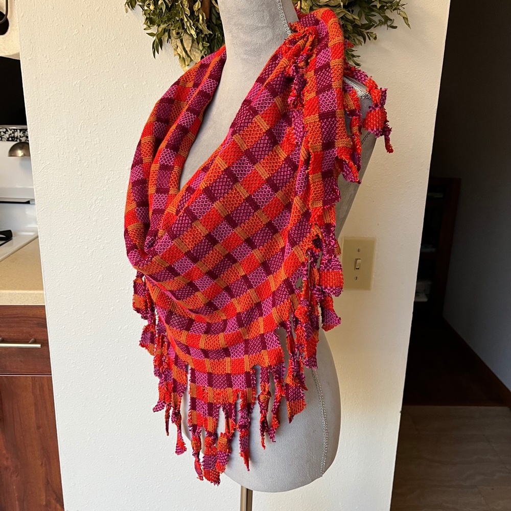 ❤️ Handmade Plaid Fringe Scarf Orange Purple Checkered Triangle Bandana Wrap - Picture 5 of 7